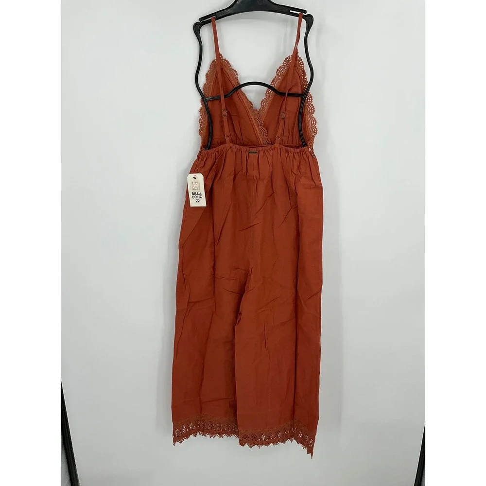 Billabong Lace and Lies Spiced Coral Crochet Trim Wide Leg Jumpsuit‎ Small NEW